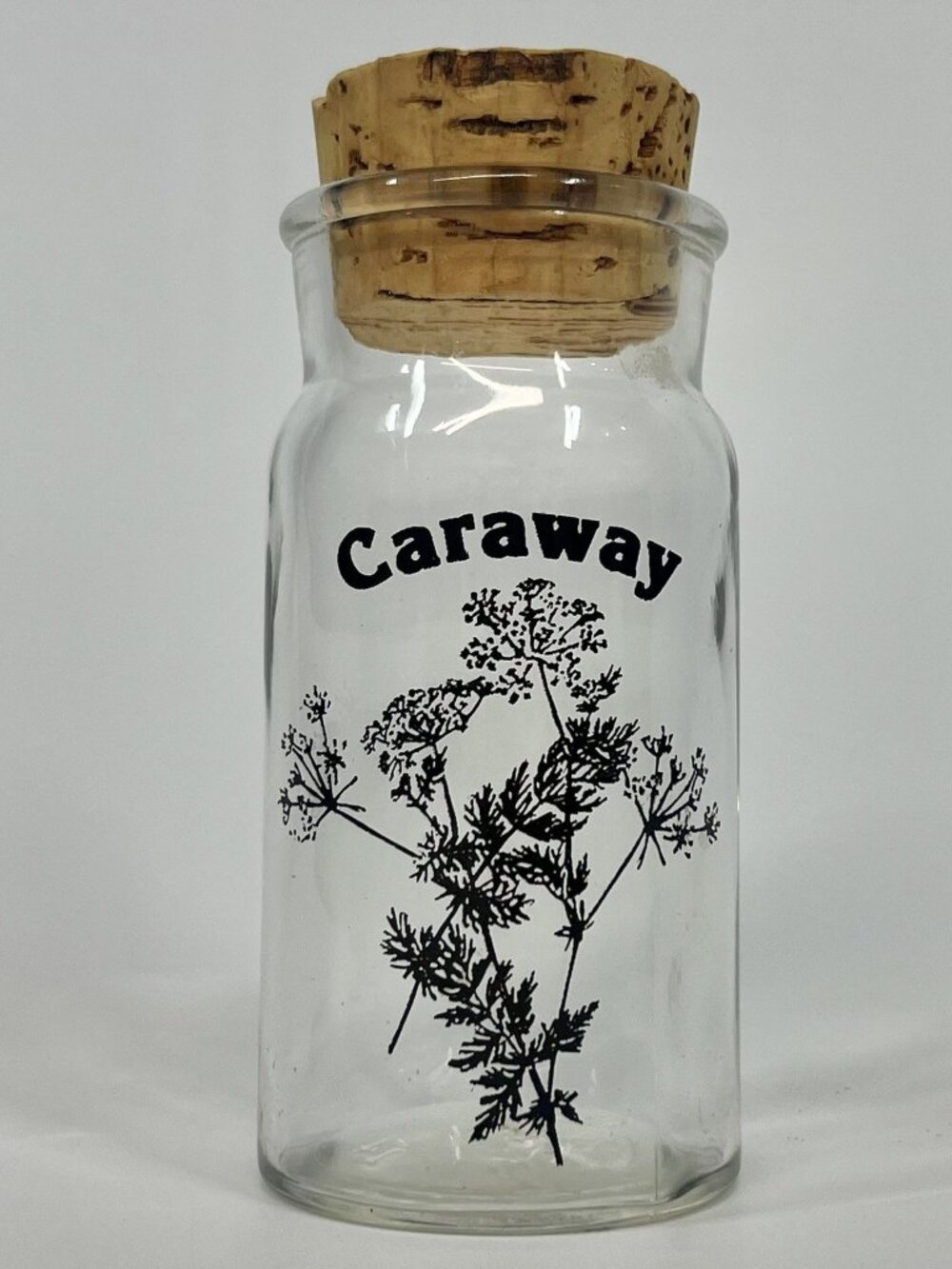 Vintage 70s Wheaton Botanical Glass Spice Jar w/ Cork Lid - Caraway Seed